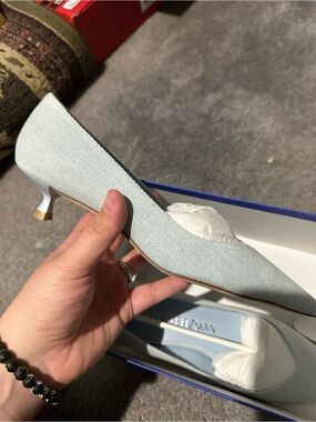 Stuart Weitzman Pale Blue Pointed Kitten Heel Pump